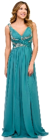 Deep V-Neck Ruched Floor Length Formal Prom Dress in Teal
