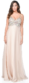 V-Neck Bejeweled Mesh Top Floor Length Formal Prom Dress in Beige