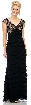 V-Neck Tiered Long Formal Prom Dress with Lace on Bust in Black