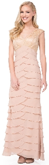 Main image of V-Neck Tiered Long Formal Prom Dress with Lace on Bust