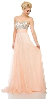 Jeweled Mesh Top Floor Length Formal Prom Dress in Peach