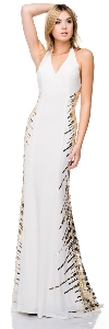 Halter Neck Sequined Sides Long Formal Prom Dress in Off White