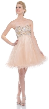 Strapless Beaded Bust Mesh Short Party Prom Dress in Gold