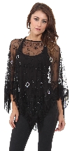Main image of Boat Neck Mesh Beaded Poncho with Fringes