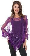 Main image of Boat Neck Mesh Beaded Poncho with Fringes 