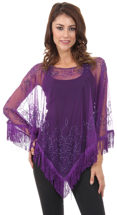 Boat Neck Mesh Beaded Poncho with Fringes