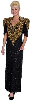 V-Neck Half Sleeves Long Formal Beaded Gown  in Black/Gold
