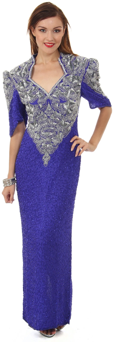 V-Neck Half Sleeves Long Formal Beaded Gown
