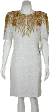 Knee Length Half Sleeves Beaded Cocktail Dress with Keyhole in Ivory/Gold
