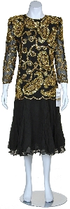 Tea Length Mother of the Bride Sequined Formal Dress in Black/Gold