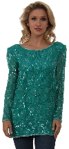 Main image of Round Neck Leaves Sequined Pattern Long Blouse 