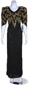 Long Formal Beaded Gown with Zig-Zag Pattern on Bodice in Black/Gold