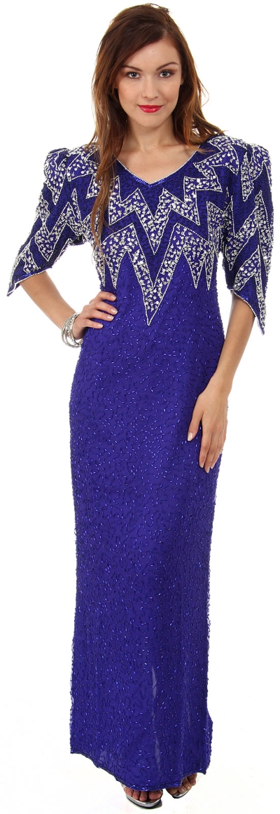 Long Formal Beaded Gown with Zig-Zag Pattern on Bodice
