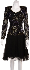 Full Sleeves Knee Length Beaded Bodice Cocktail Dress in Black/Silver