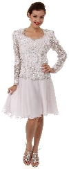 Full Sleeves Knee Length Beaded Bodice Cocktail Dress in White