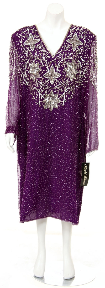 Sequined Tea Length Long Sleeve Gown