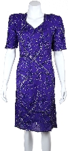 V-Neck Half Sleeves Knee Length Floral Beaded Dress in Royal Blue/Silver