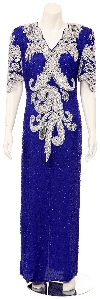 Half Sleeves v-Neck Long Beaded Evening Gown with Keyhole in Royal Blue/White