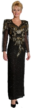V-Neck Full Sleeves Sequined Formal Evening Gown in Black/Gold