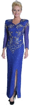 V-Neck Full Sleeves Beaded Formal Gown with Keyhole Back in Royal Blue/Silver