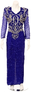Full Sleeves Long Beaded Formal Gown with Elegant Bodice in Royal/Silver
