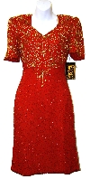 V-Neck Tea Length Formal Beaded Dress with Half Sleeves in Red/Gold