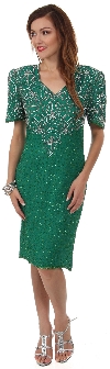 Main image of V-Neck Tea Length Formal Beaded Dress with Half Sleeves