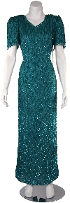 Short Sleeved Silk Formal Evening Dress with Back Slit in Jade Green