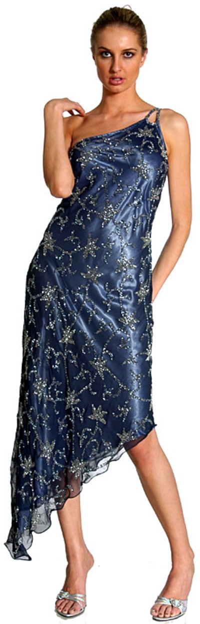 One Shoulder Shimmering Dress with Beaded Flower Patterns