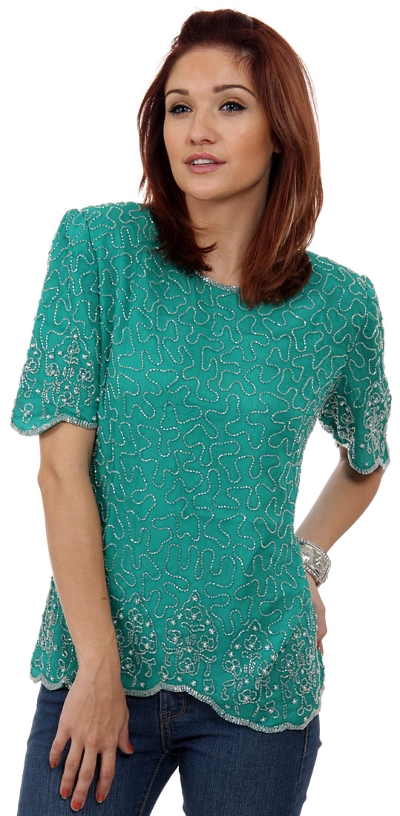 Fully Beaded Blouse with Decorative Hem and Sleeve