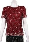 Short Sleeved Beaded Petal Pattern Design in Burgundy/Silver