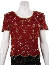 Round Edged Hem Short Sleeved Blouse in Burgundy/Gold