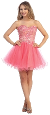 Strapless Floral Lace Bust Tulle Short Party Prom Dress in Coral/Nude