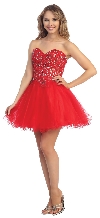 Strapless Floral Lace Bust Tulle Short Party Prom Dress in Red/Nude
