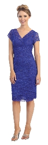 V-Neck Short Sleeves Short Formal Party Dress in Lace in Royal Blue