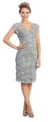 V-Neck Short Sleeves Short Formal Party Dress in Lace in Silver