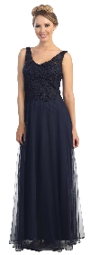 Sleeveless V-Neck Lace Top Long Formal Evening Prom Dress in Navy