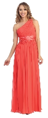 One Shoulder Floral Accent Formal Bridesmaid Dress in Coral