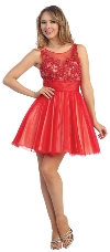 Floral Beaded Bust Tulle Short Formal Prom Dress  in Red/Nude