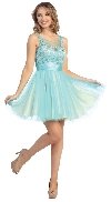 Floral Beaded Bust Tulle Short Formal Prom Dress  in Turquoise/Nude
