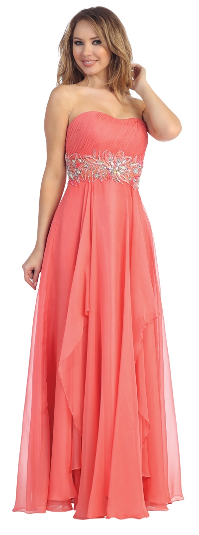 Strapless Floral Beaded Waist Long Formal Prom Dress