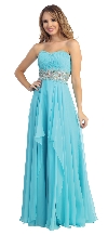 Strapless Floral Beaded Waist Long Formal Prom Dress in Light Turquoise