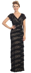 V-Neck Cap Sleeves Tiered Lace Long Formal Evening Dress in Black/Nude