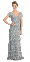 V-Neck Cap Sleeves Tiered Lace Long Formal Evening Dress in Silver