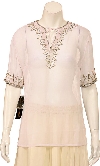 Half Sleeve Sheer Blouse with Zigzag Beading in White/Silver