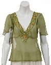 V-neck Short Sheer blouse with Sleeves in Olive/Orange