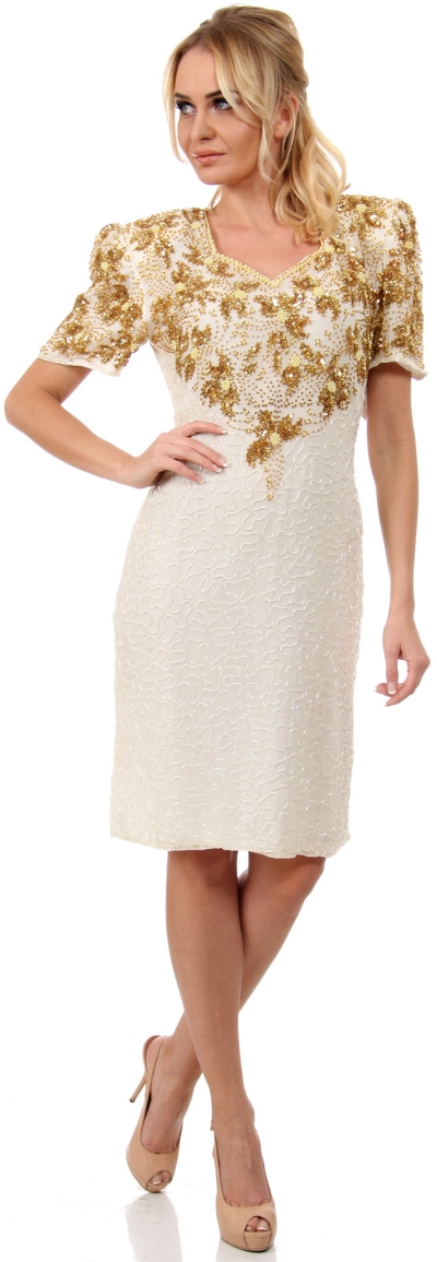 Floral Beaded Bodice Short Sleeves Formal Party Dress