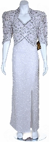 Full Length High Waistline Beaded Dress in White/Silver