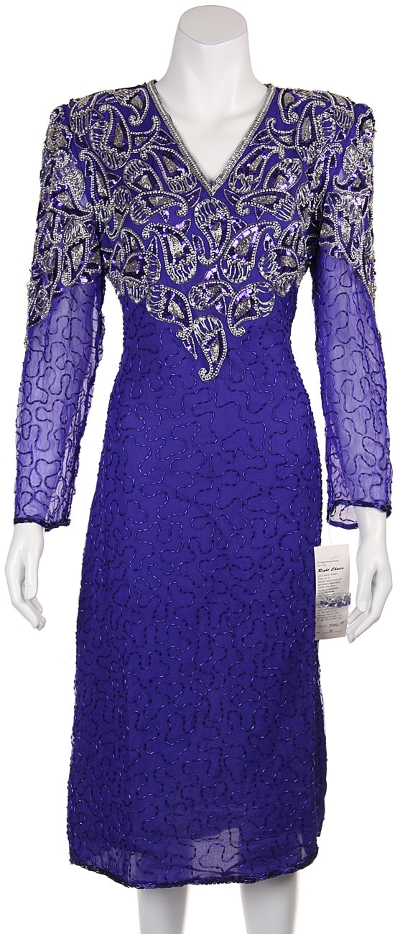V-neck Paisley Beaded Tea Length Dress