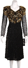Tea Length Sequin Beaded Cocktail Dress in Black/Gold